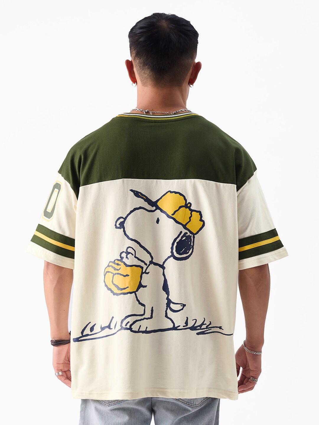 

The Souled Store Off-White & Olive Peanuts Print Oversized Fit Pure Cotton Casual T-shirt