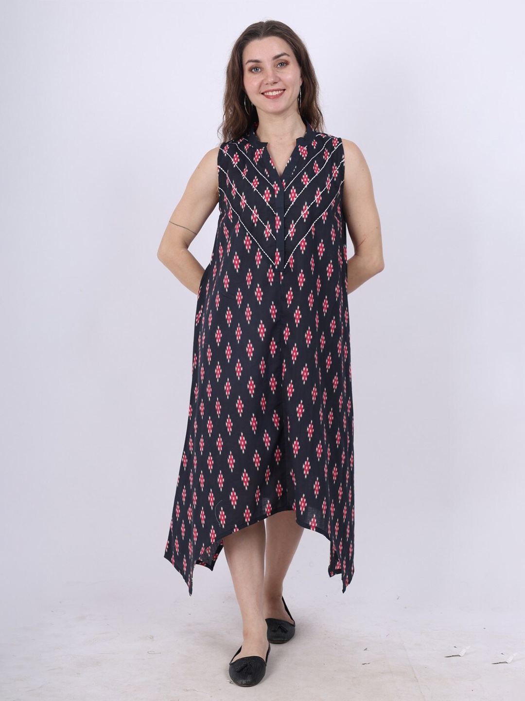 

Spring Soul Ethnic Printed Mandarin Collar Cotton Fit & Flare Dress, Navy blue