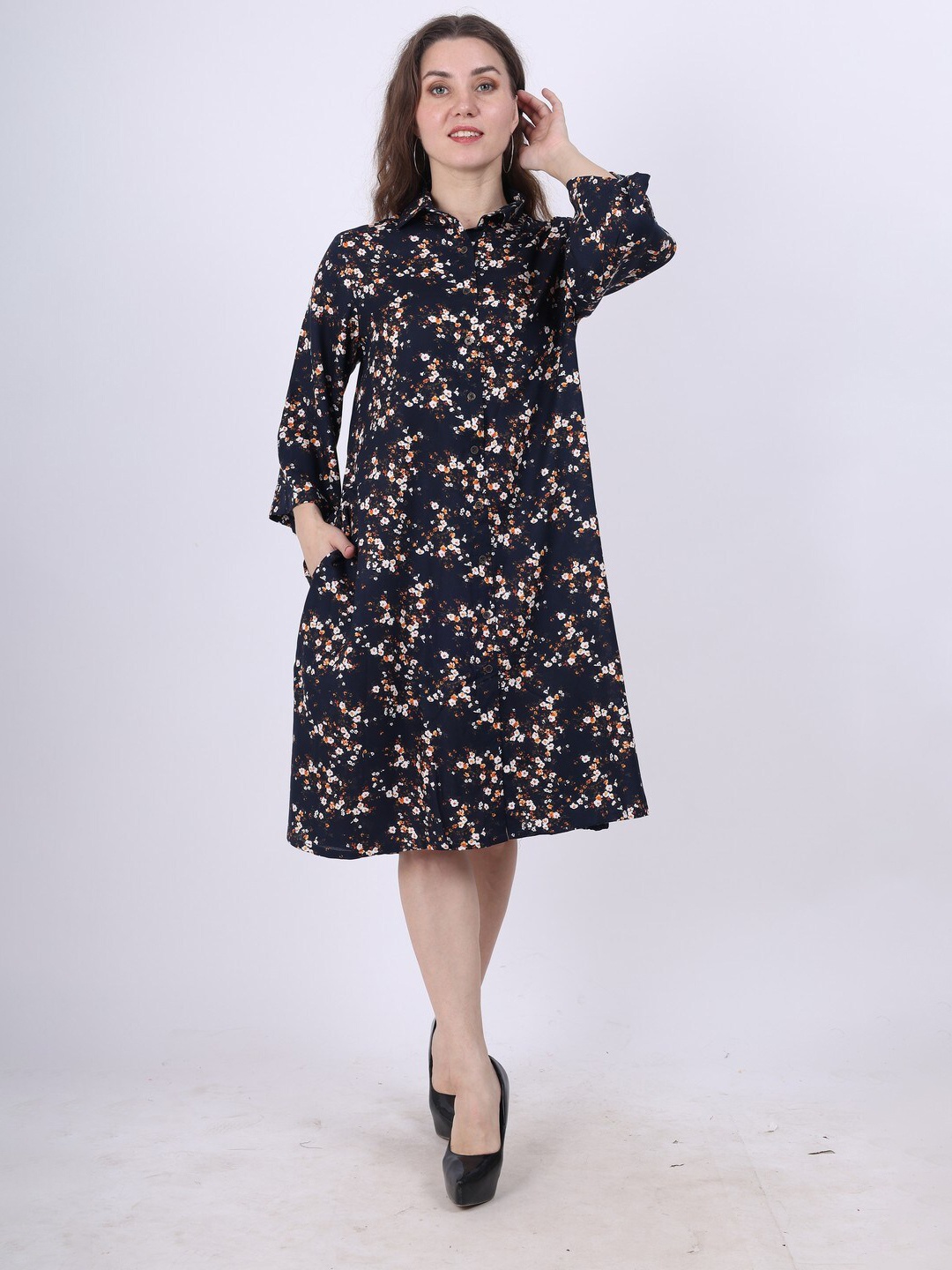 

Spring Soul Floral Printed Shirt Collar Gathered Cotton A-Line Dress, Blue