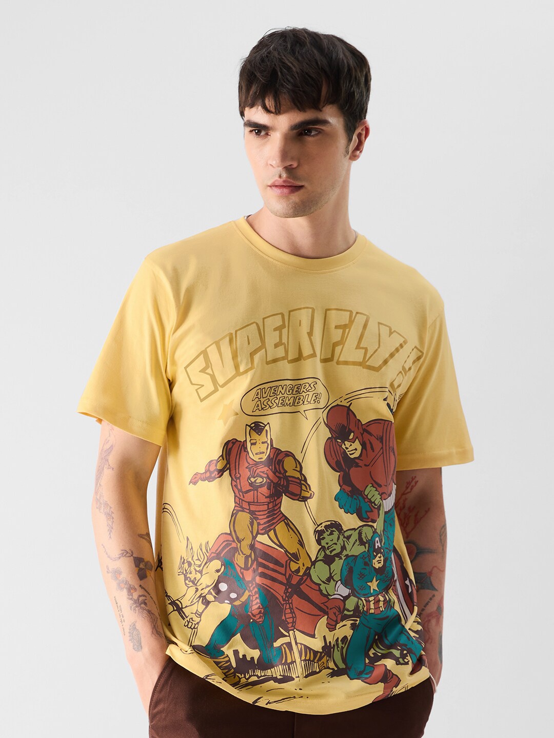 

The Souled Store Yellow Graphic Printed Round Neck Cotton T-shirt