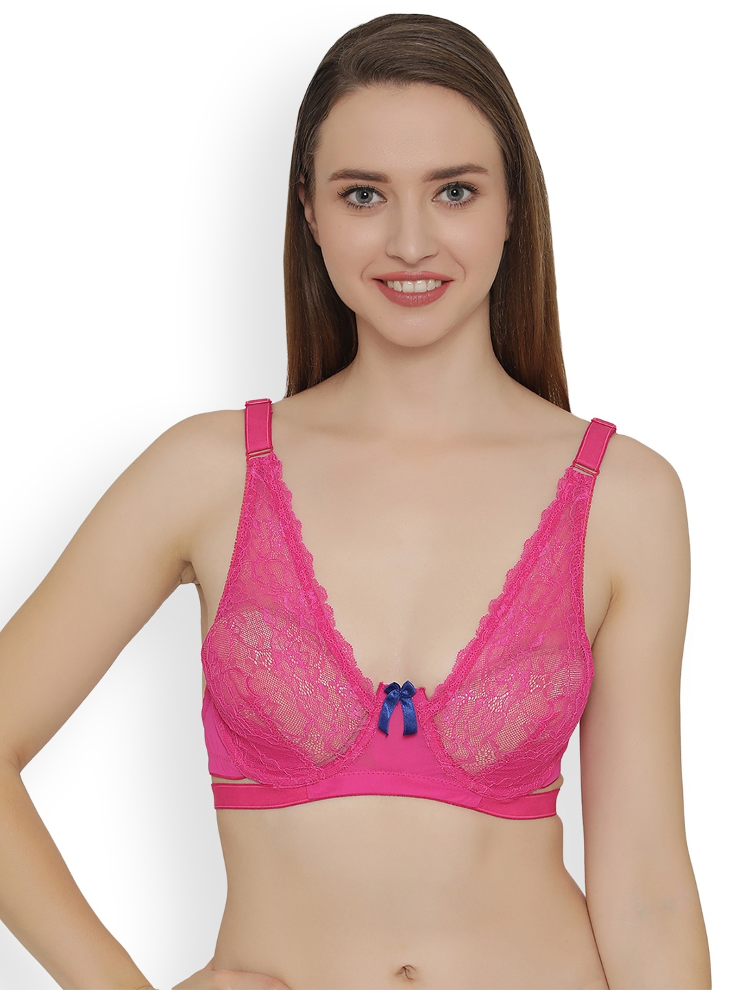 

Clovia Lace Non-Padded Underwired Plunge Bra, Pink