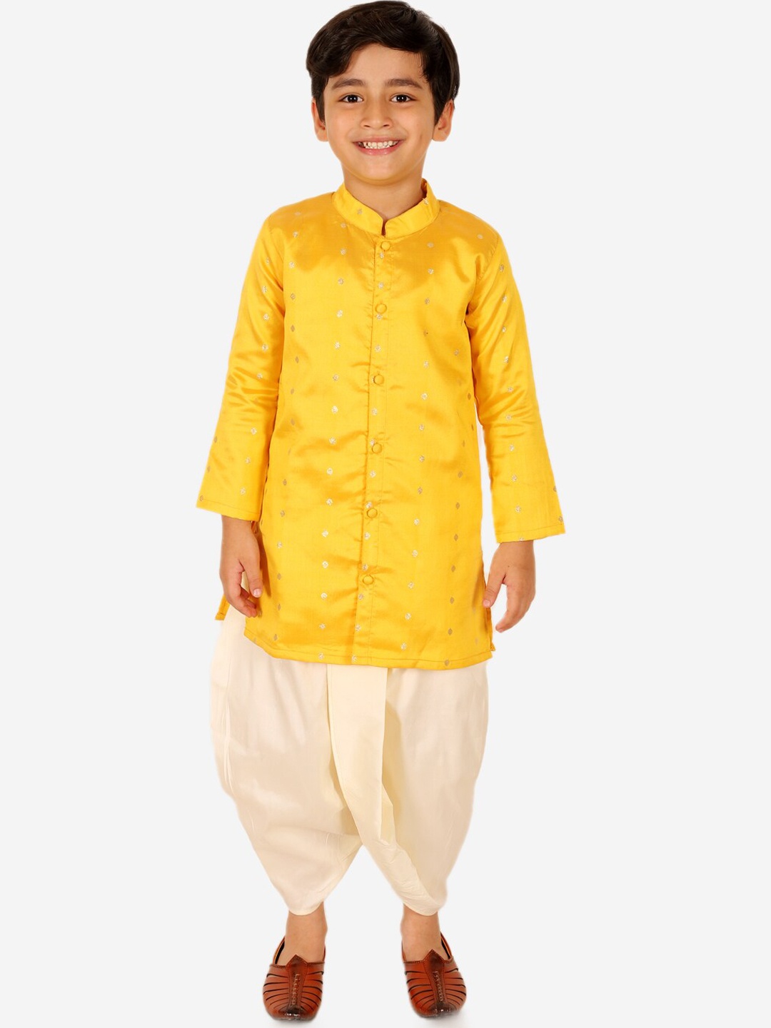 

BownBee Boys Mandarin Collar Ethnic Motifs Zari Detail Woven Design Kurta with Dhoti Pants, Yellow