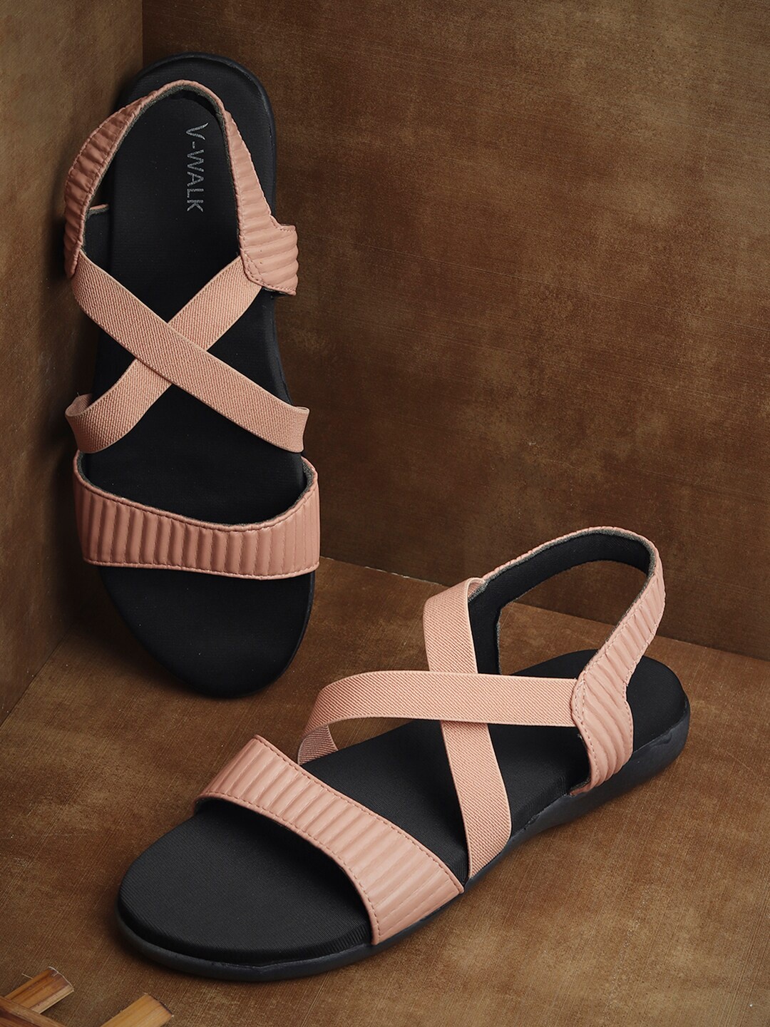 

V-WALK Leather Open Toe Flats With Backstrap, Peach