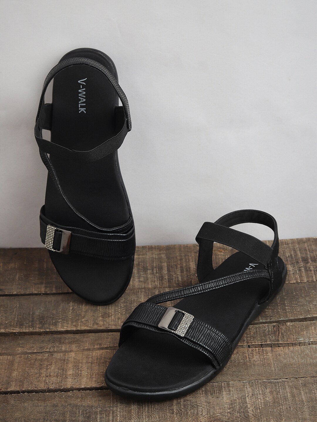 

V-WALK Textured Buckled Open Toe Flats, Black