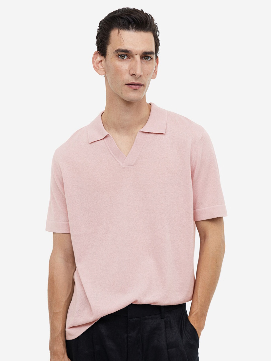 

H&M Regular Fit Linen-Blend Polo Shirt, Pink