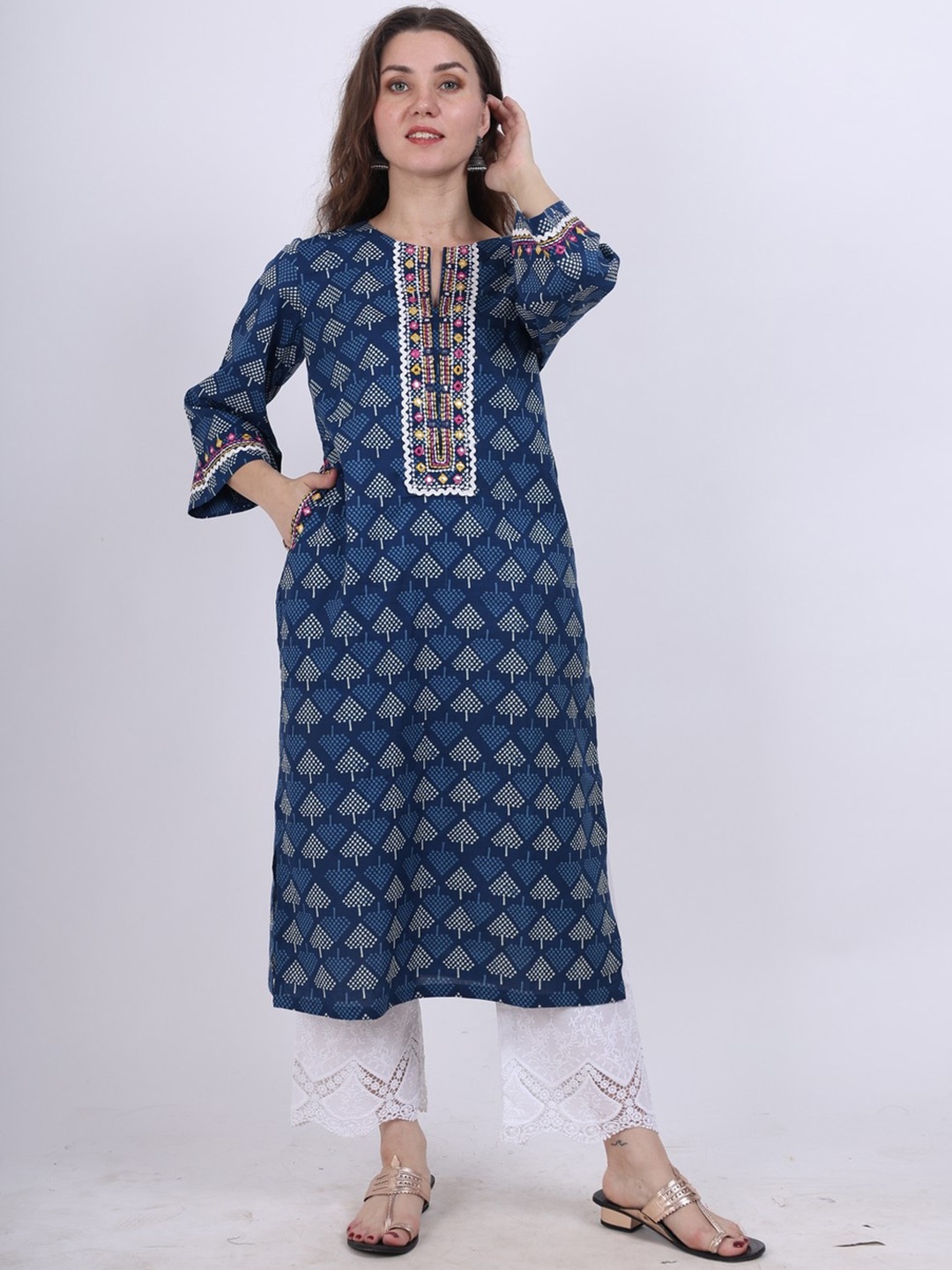 

Spring Soul Geometric Printed Mirror Work Straight Cotton Kurta, Blue