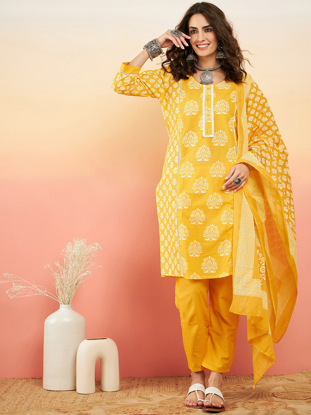 

Sangria Ethnic Printed Pure Cotton Straight Kurta With Trouser & Dupatta, Mustard