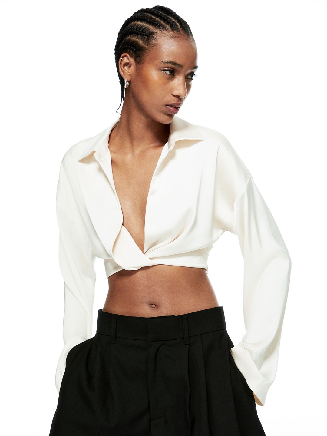 

H&M Cropped Satin Blouse, Beige