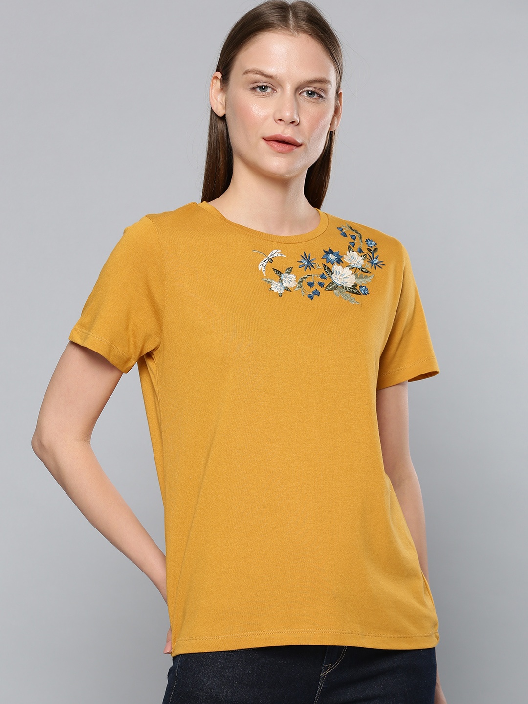 

Chemistry Women Mustard Yellow Embroidered Pure Cotton T-shirt
