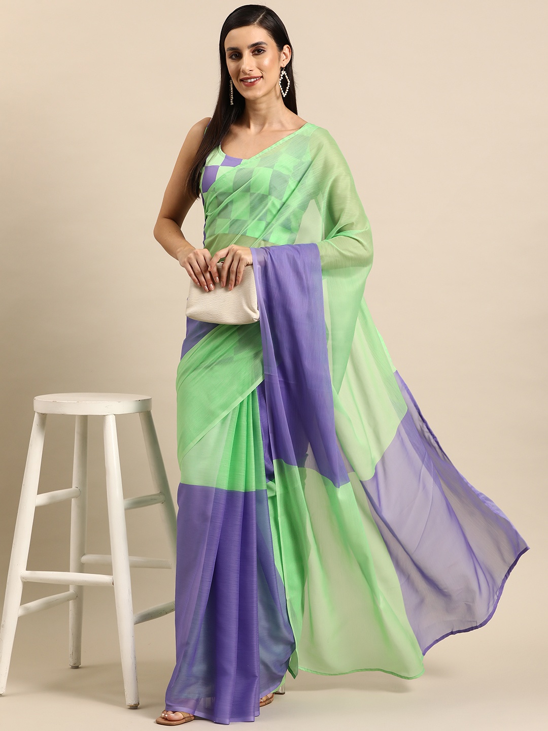 

Ahalyaa Colourblocked Ready To Wear Saree, Fluorescent green
