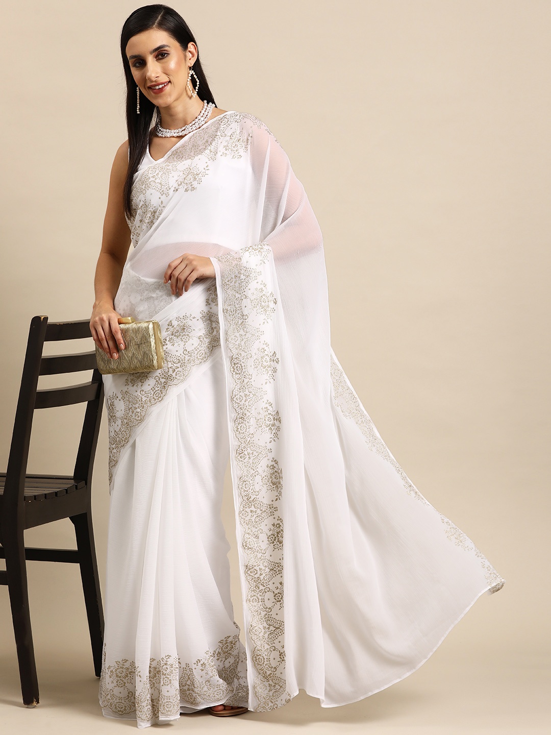 

Ahalyaa Ethnic Motifs Printed Zari Ready to Wear Saree, White