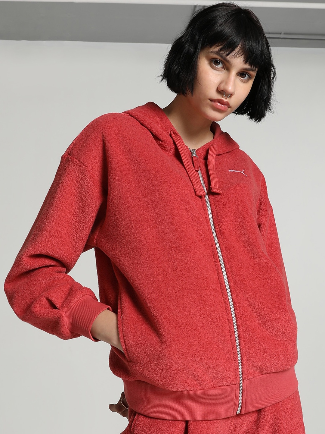 

Puma HER Winterised Logo Printed Cotton Hooded Sporty Jacket, Red