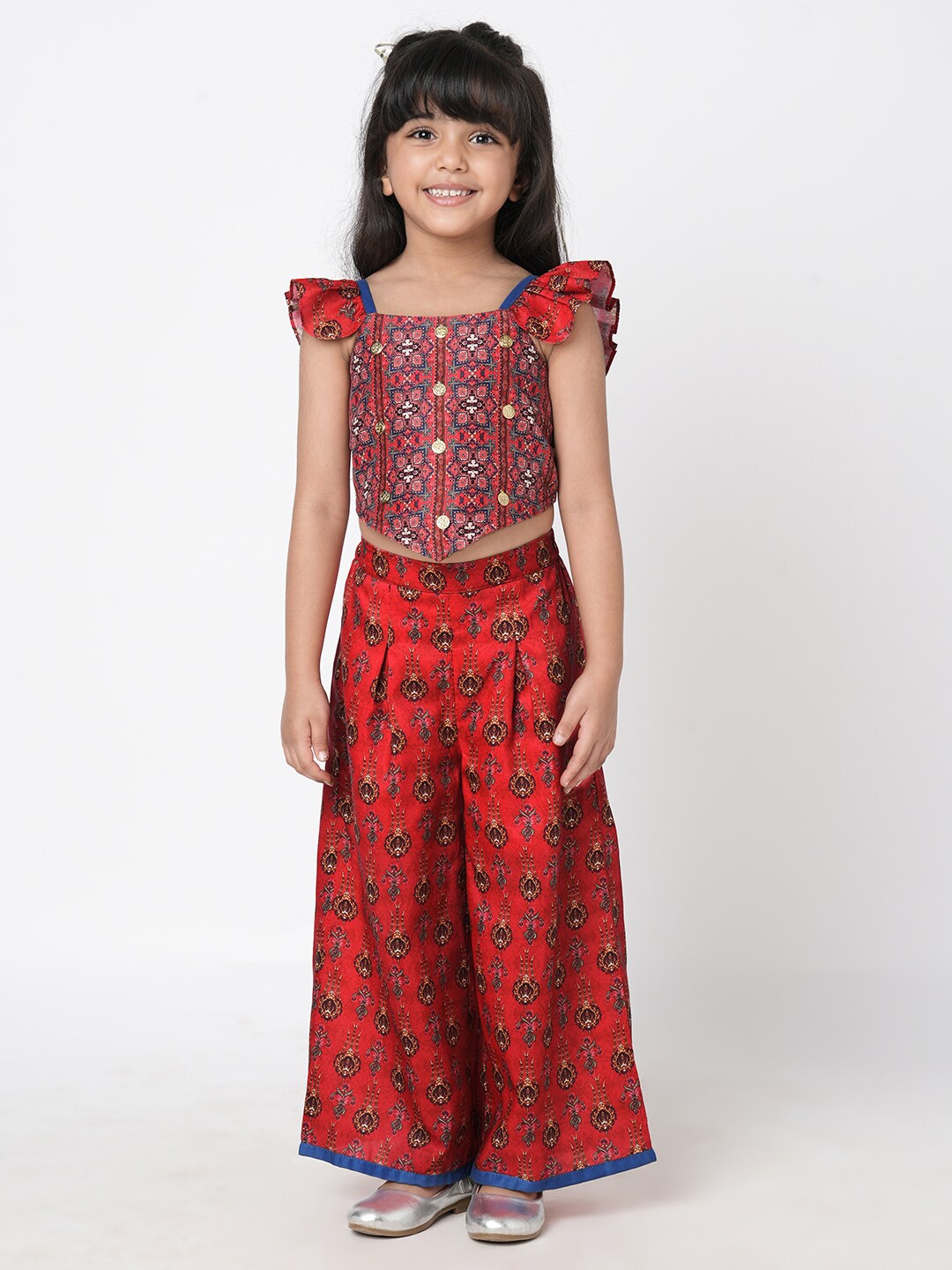 

LIL DRAMA Girls Printed Top With Palazzos, Red