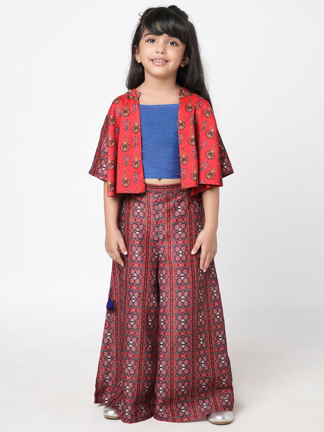 

LIL DRAMA Girls Printed Top & Palazzos With Jacket, Red