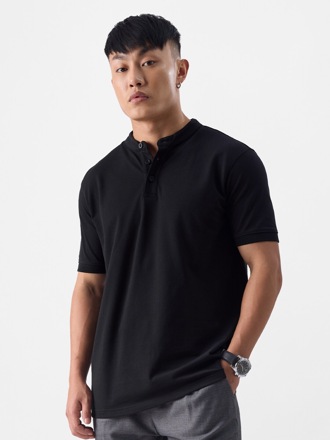 

The Souled Store Black Band Collar Regular Fit Casual T-shirt