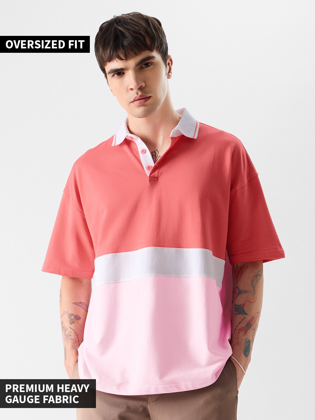 

The Souled Store Colourblocked Polo Collar Cotton Regular T-shirt, Pink