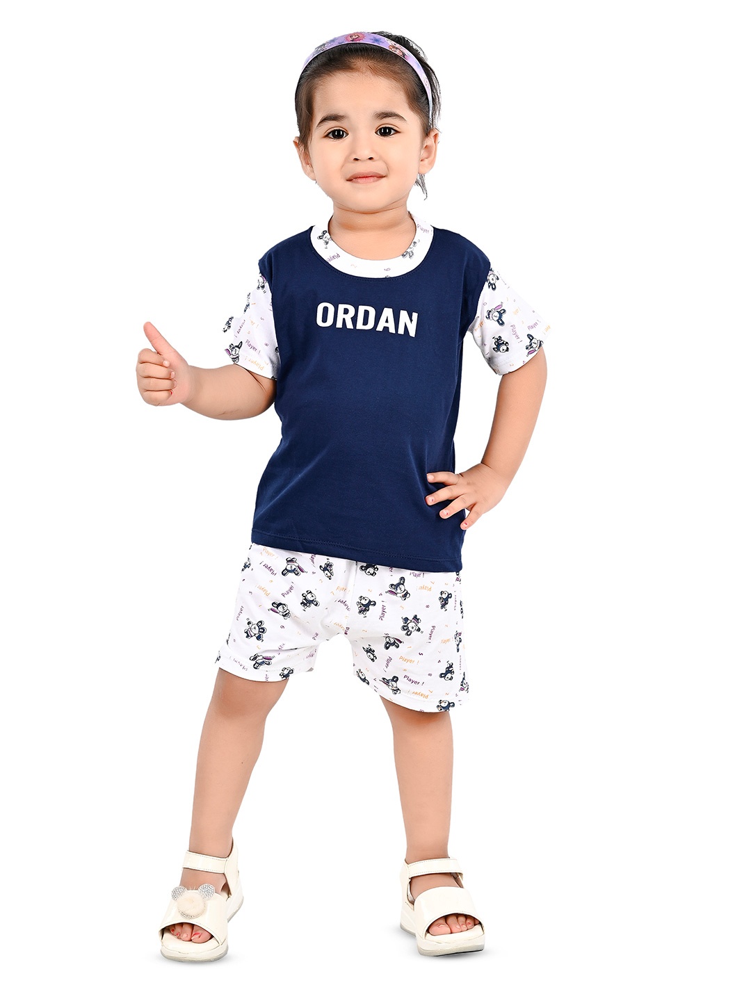 

BAESD Girls Navy Blue & White Printed T-shirt with Shorts