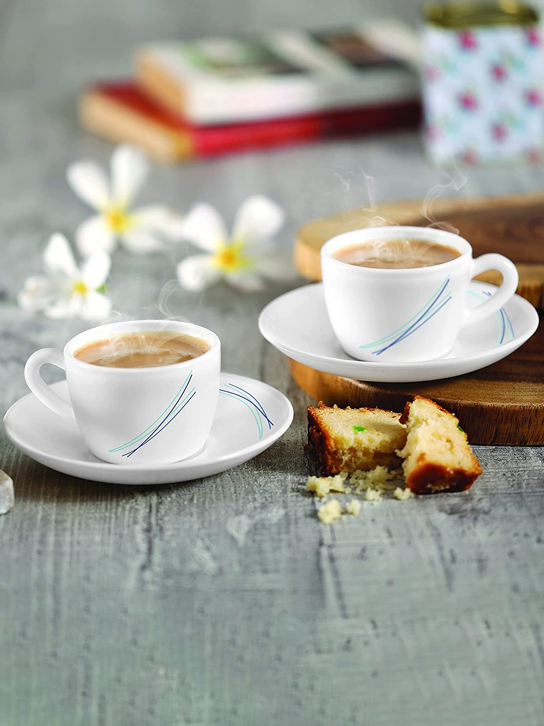 

Cello Dazzle Queen Set of 12 Cool Lines Design Opalware Cups and Saucers Set- 130 Ml Each, White