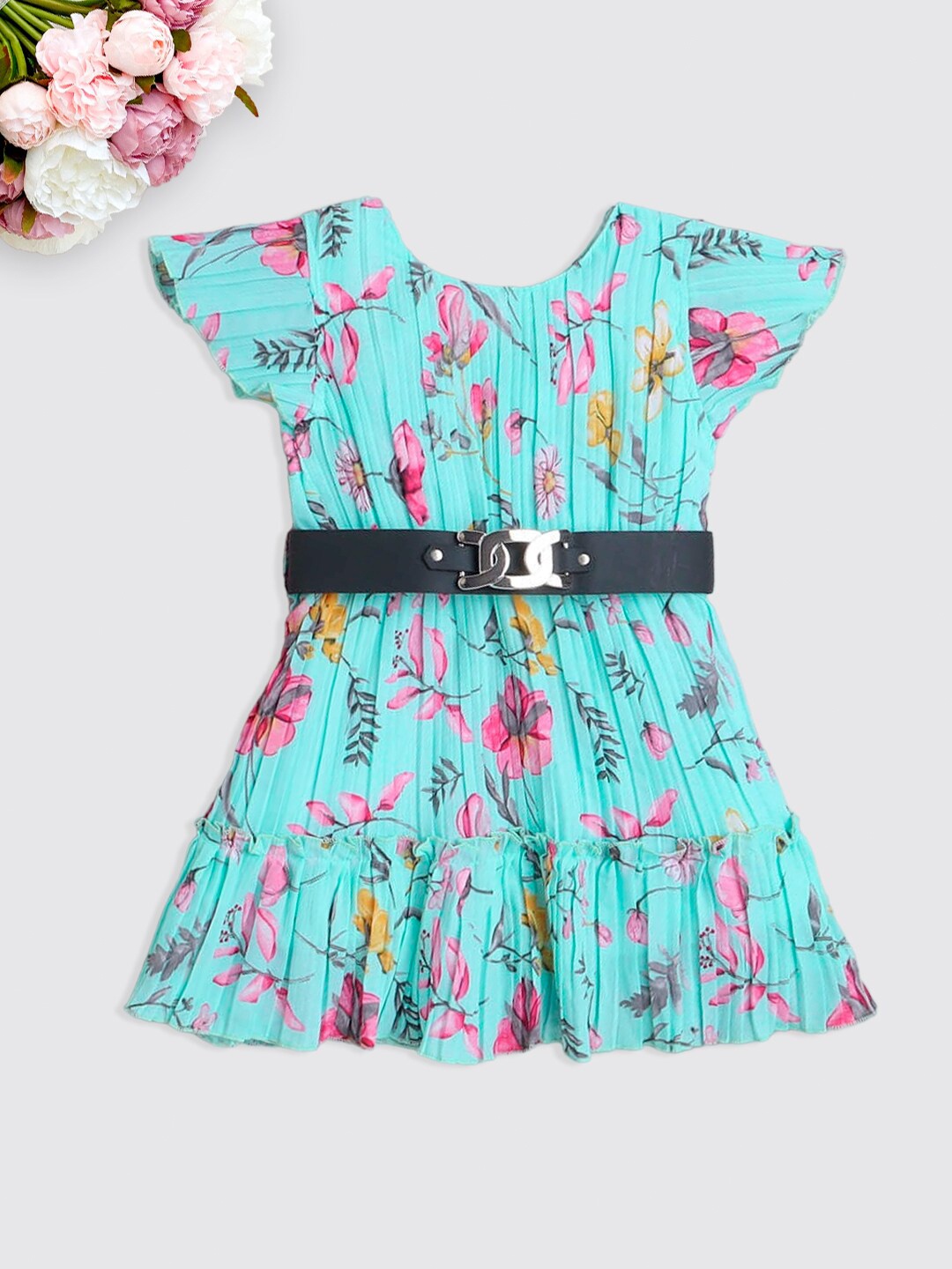 

The Magic Wand Girls Floral Printed Round Neck Belted Detailed Fit & Flare Dress, Blue