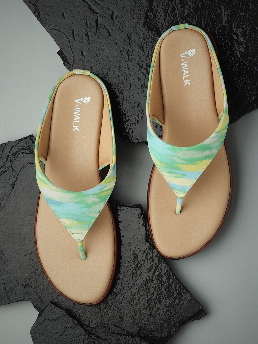 

V-WALK Printed Leather Open Toe Flats, Green