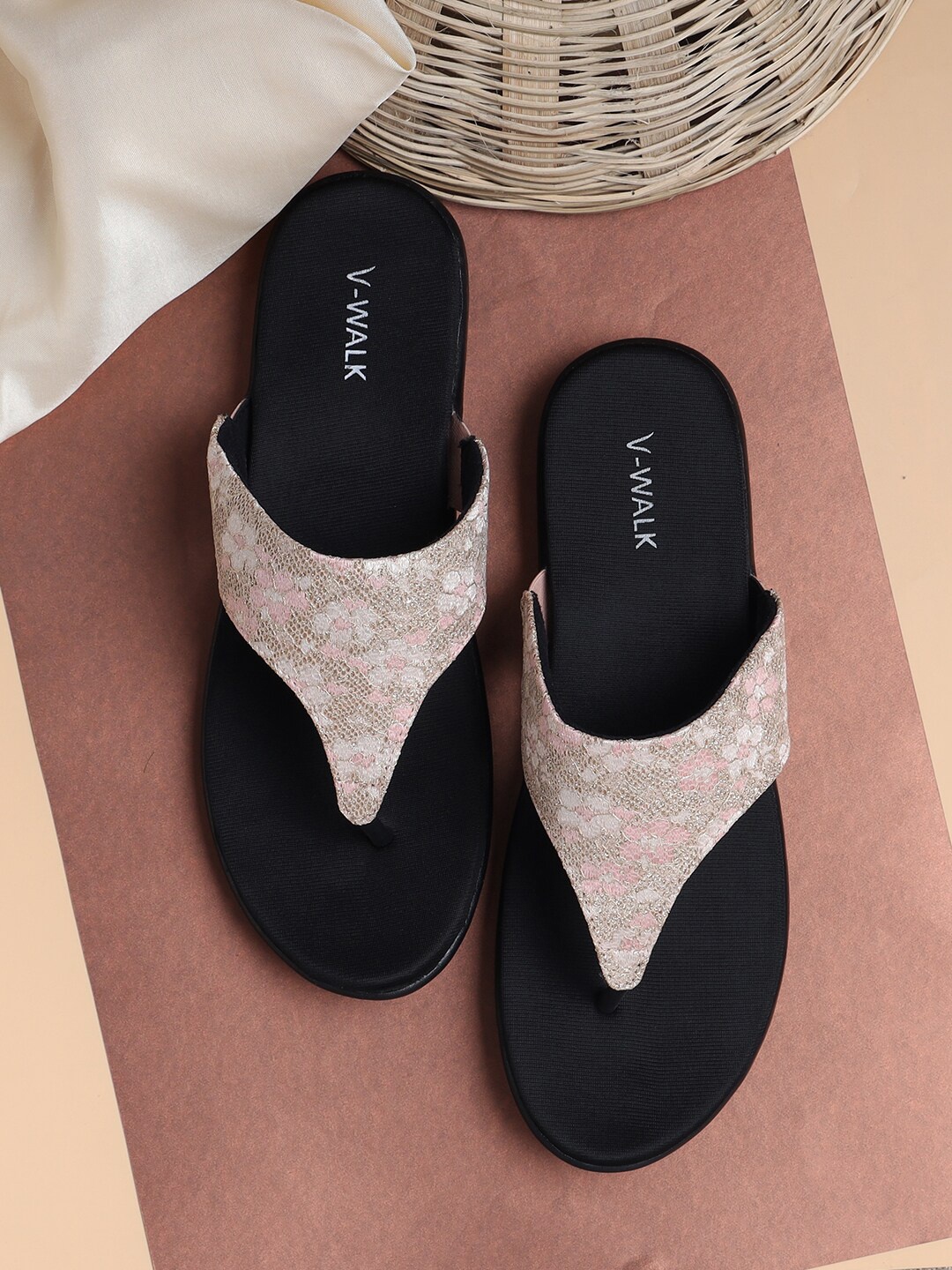 

V-WALK Printed Leather T-Strap Flats, Peach