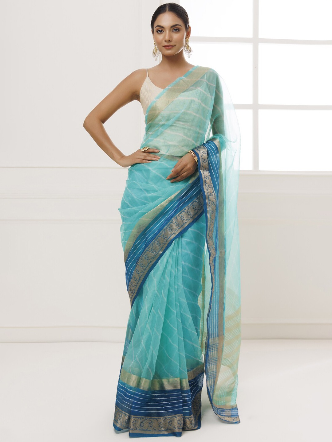 

Geroo Jaipur Leheriya Zari Organza Saree, Blue