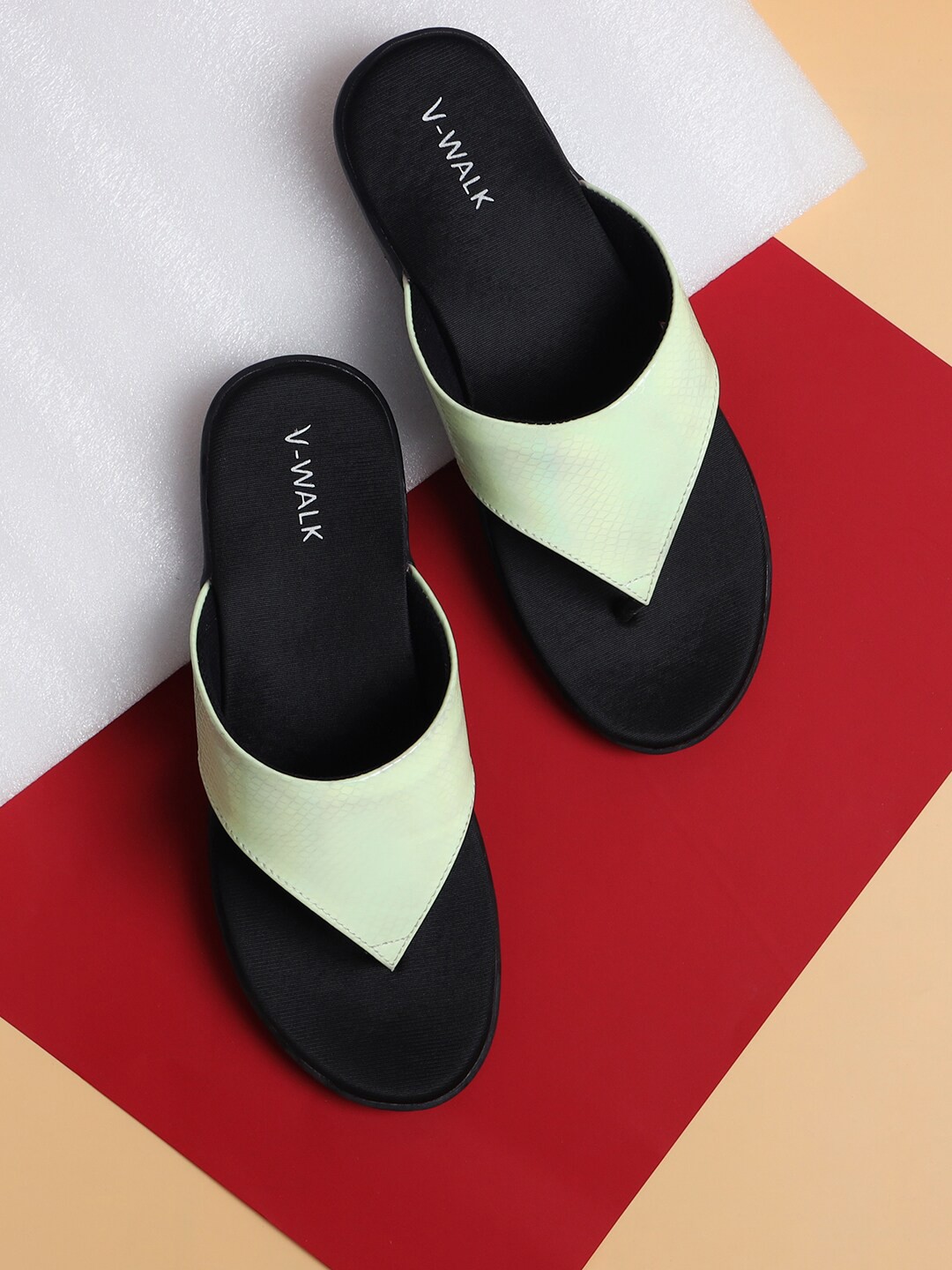 

V-WALK Textured Leather T-Strap Flats, Green
