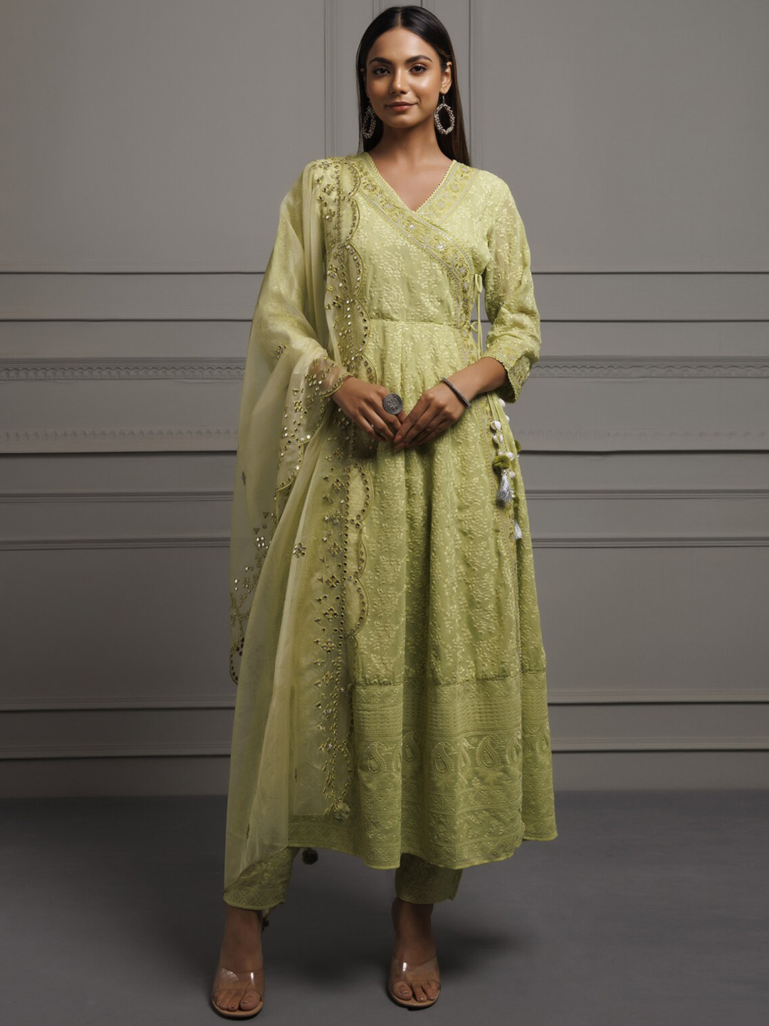 

Geroo Jaipur Floral Embroidered Sequinned Angrakha Georgette Kurta Set, Green