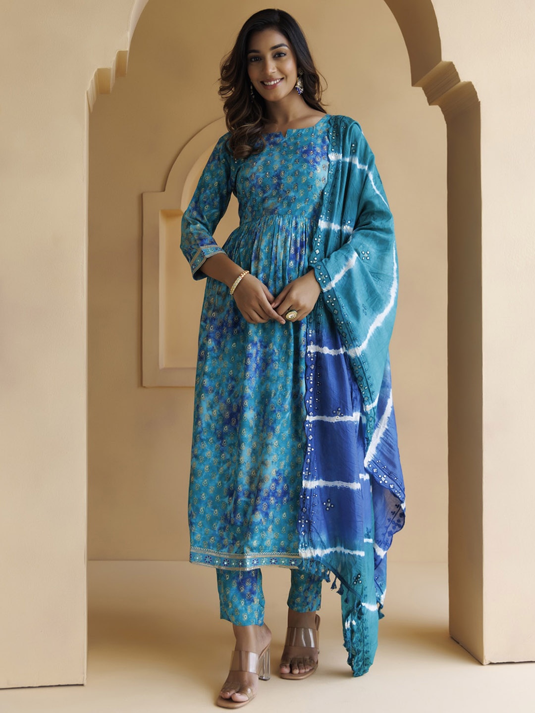 

Geroo Jaipur Round Neck Piasley Printed Pleated Anarkali Kurta & Trouser With Dupatta, Blue