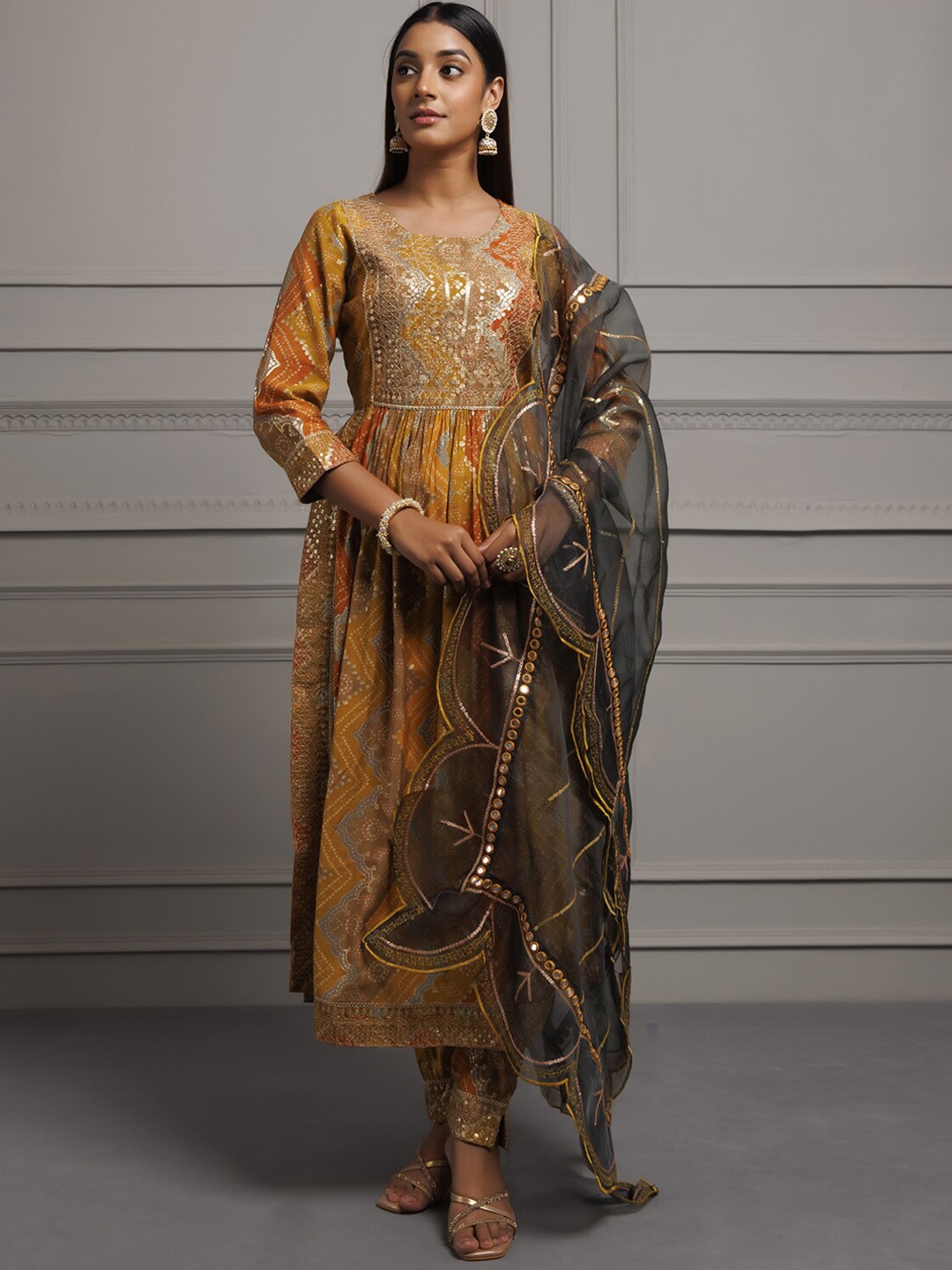 

Geroo Jaipur Bandhani Printed Sequinned Anarkali Kurta With Palazzos & Dupatta, Mustard