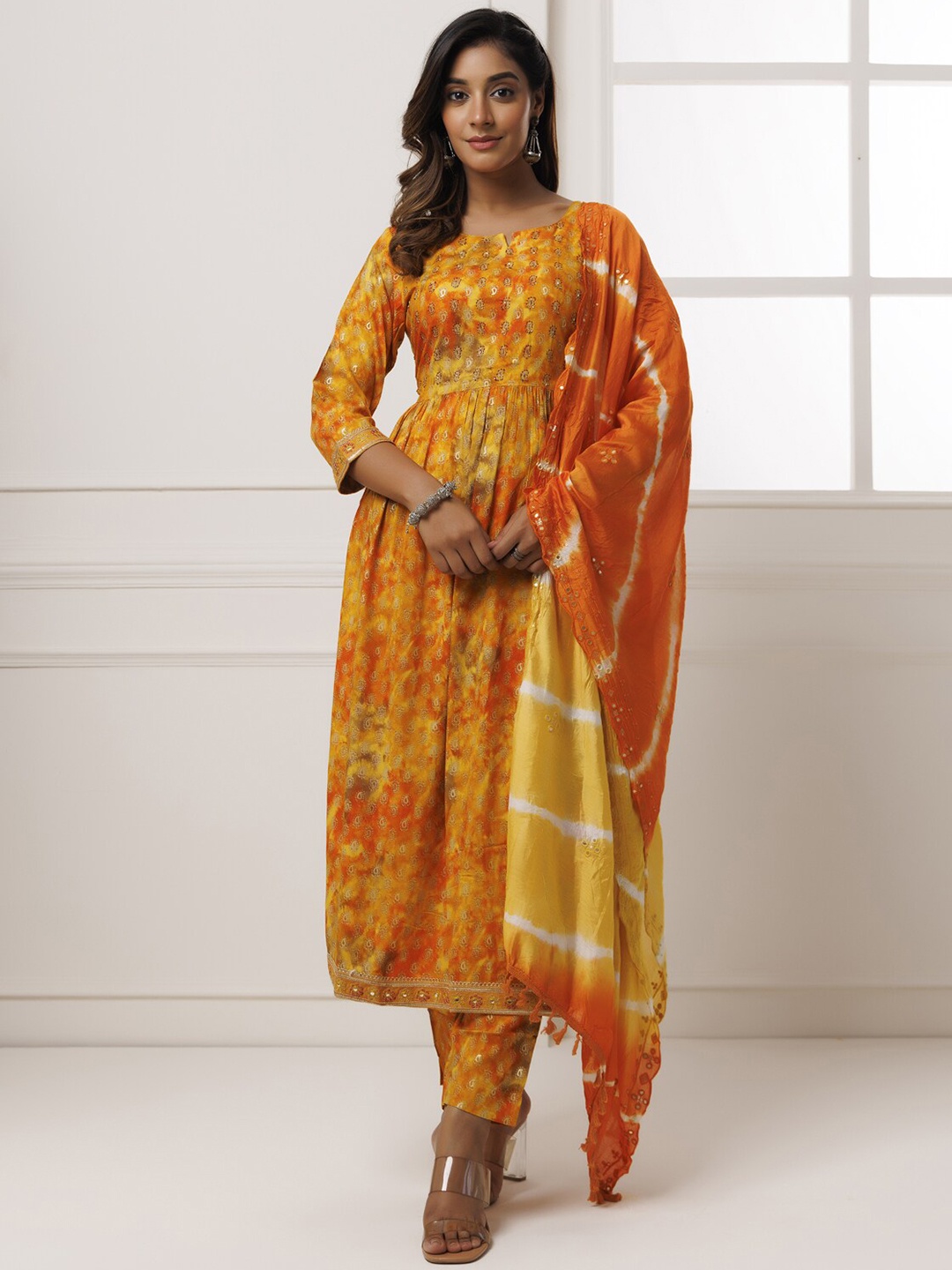 

Geroo Jaipur Round Neck Piasley Printed Pleated Anarkali Kurta & Trouser With Dupatta, Yellow