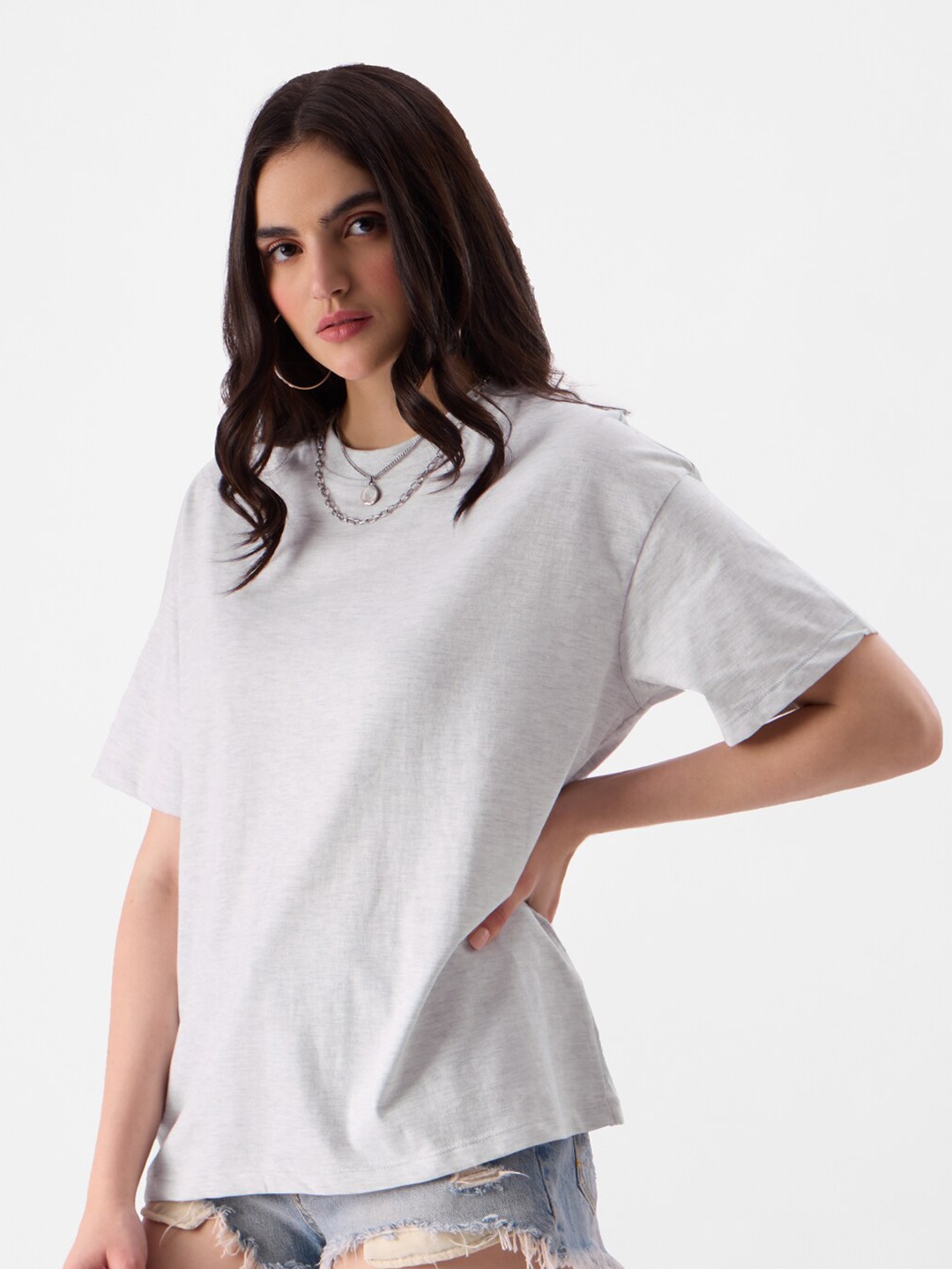 

The Souled Store Round Neck Drop Shoulder Sleeve Oversized Fit Cotton T-Shirt, Grey melange