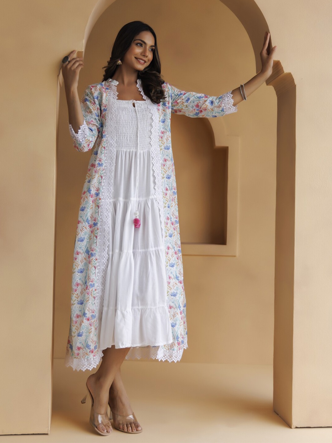 

Geroo Jaipur Floral Printed Smocked & Tiered Cotton A-Line Maxi Dress, Off white