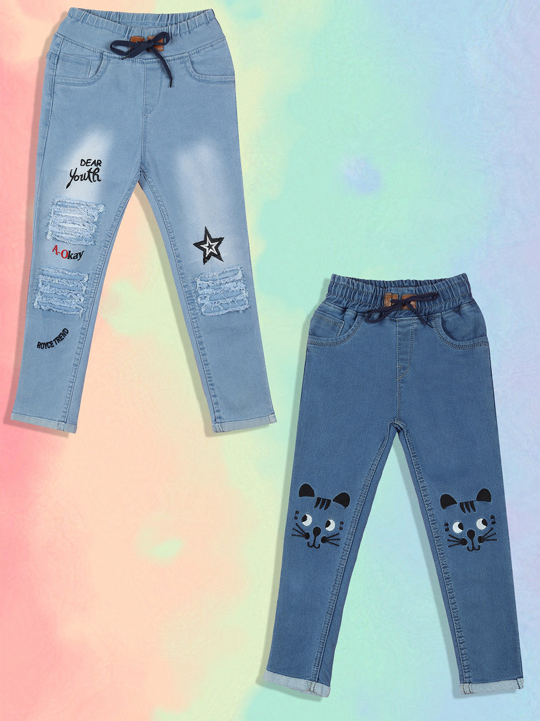 

A-Okay Girls Pack Of 2 Slim Fit High-Rise Highly Distressed Embroidered Cotton Jeans, Blue