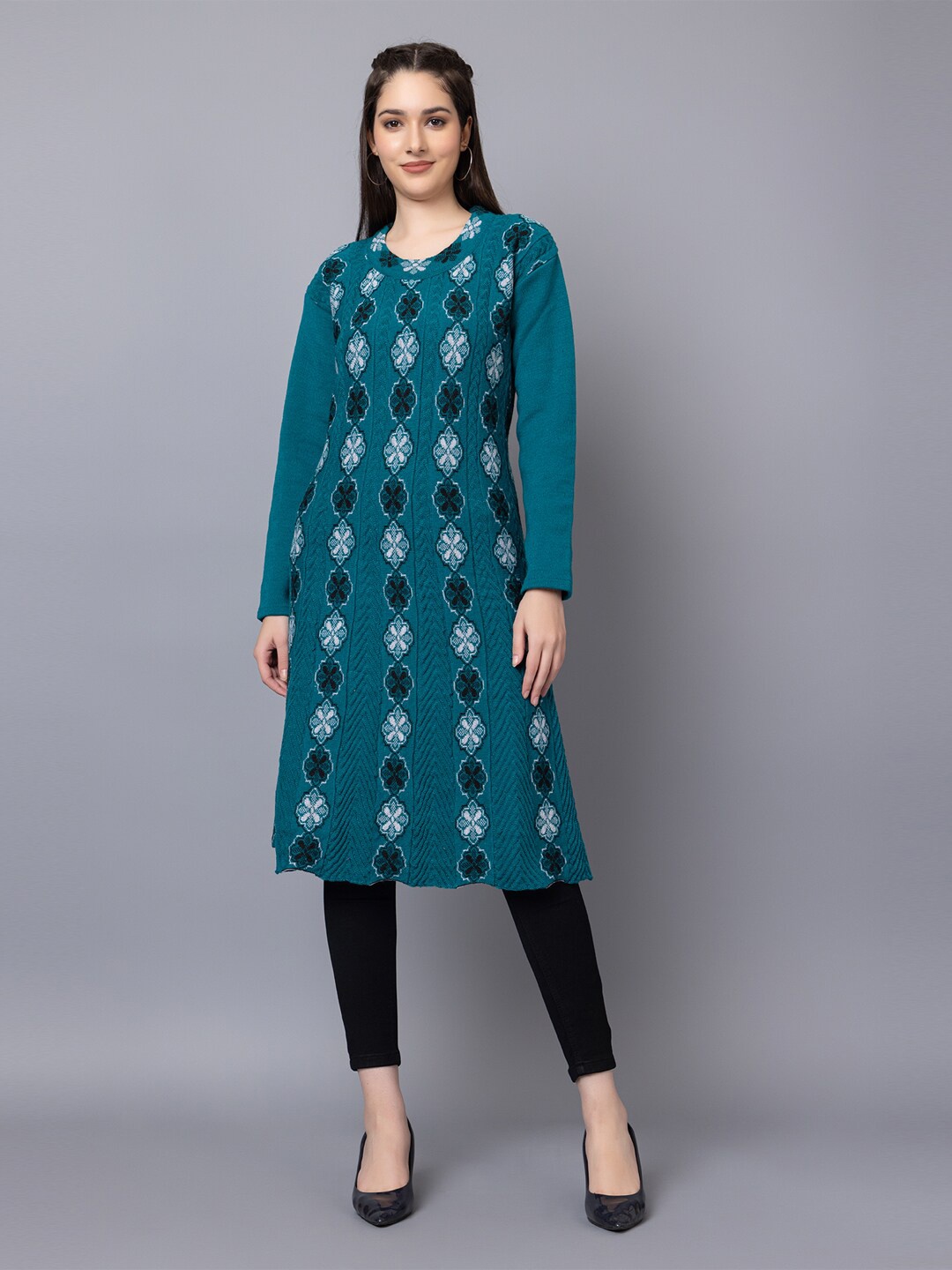 

TYSORT Floral Woven Design Round Neck A-Line Woolen Kurta, Green