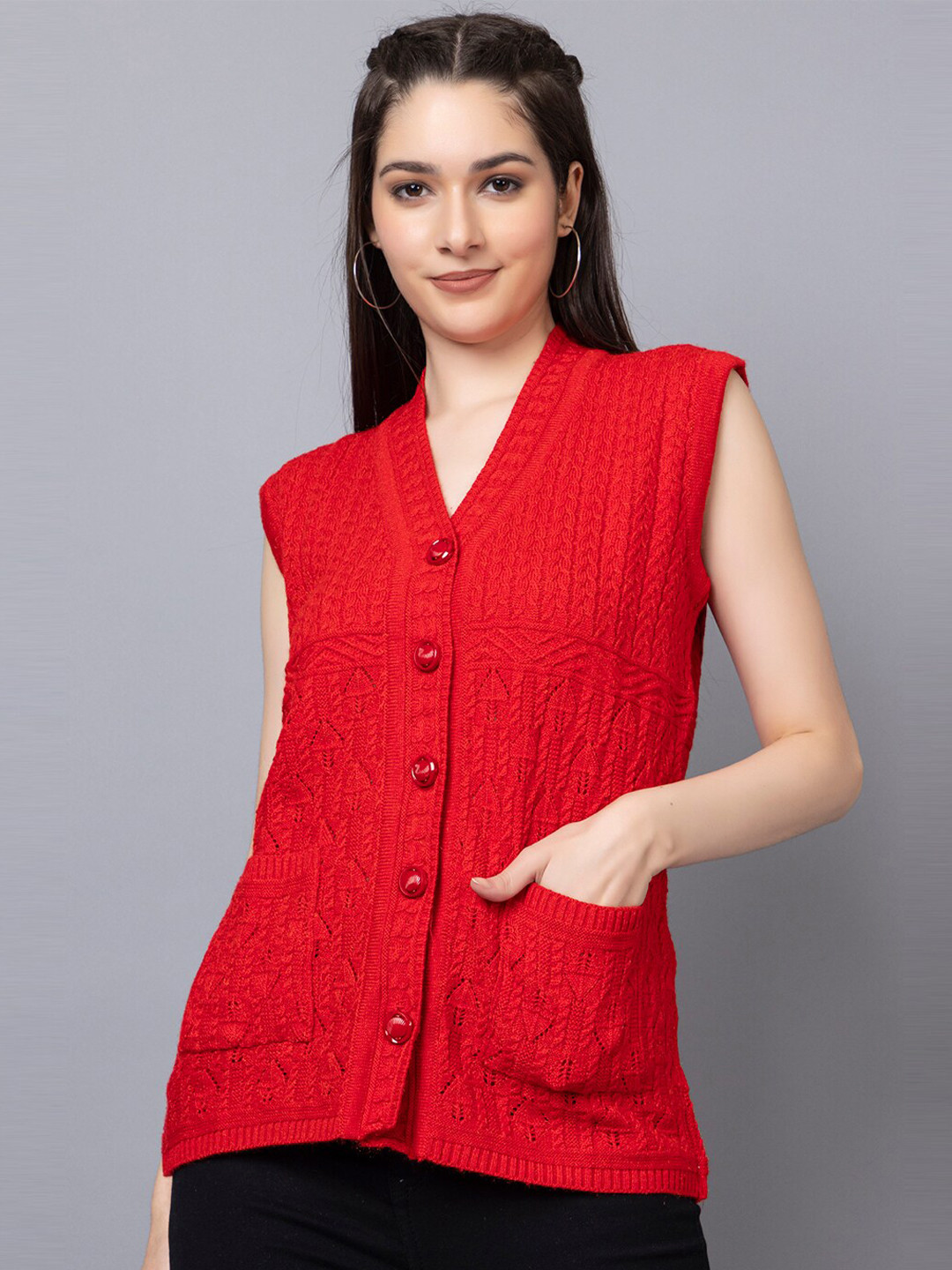 

TYSORT Cable Knit Sleeveless Woolen Cardigan Sweater, Red