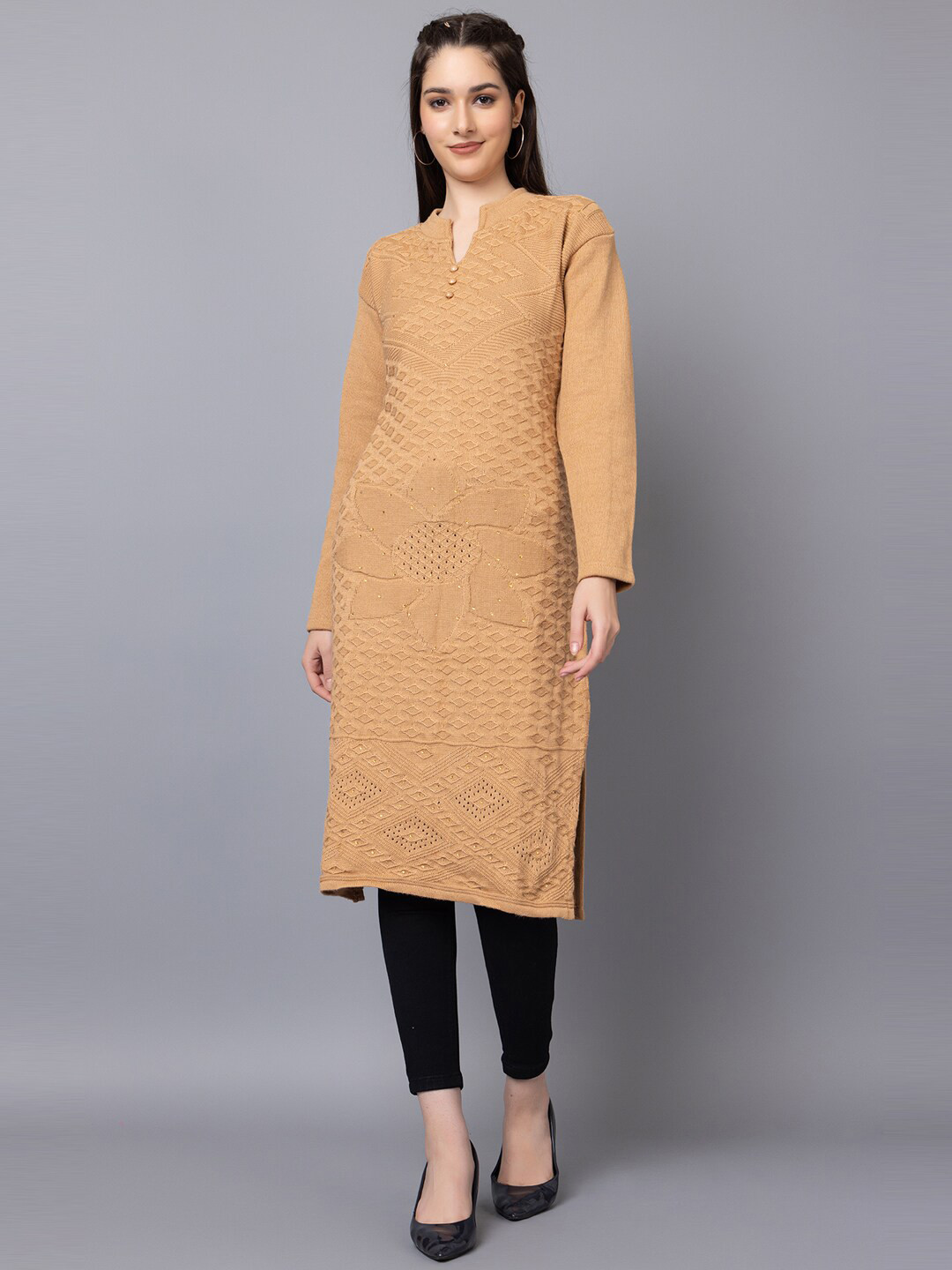 

TYSORT Woven Designed Sequinned Detailed Mandarin Collar Straight Woolen Kurta, Beige