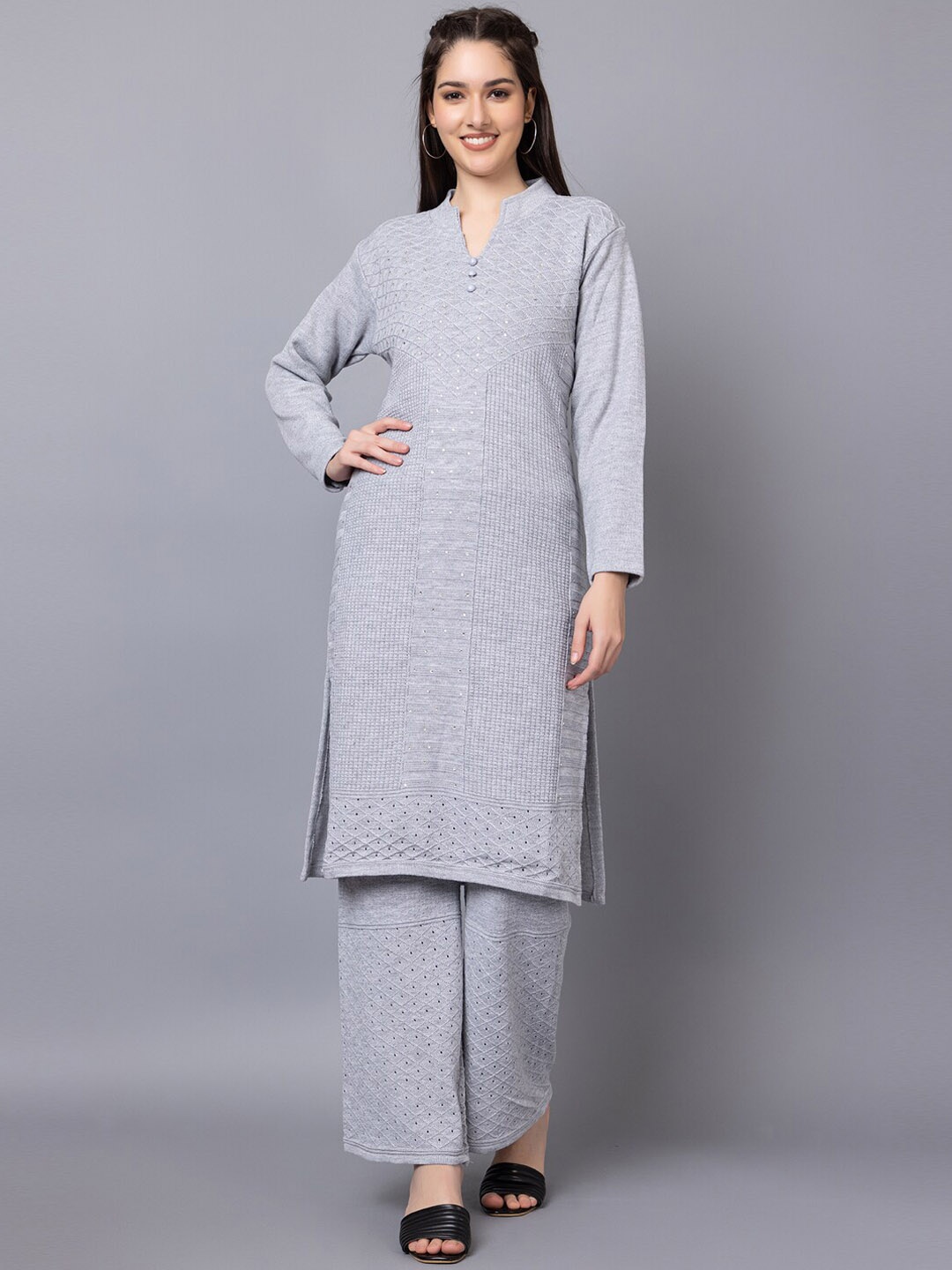 

TYSORT Mandarin Collar Self Design Straight Woolen Kurta With Palazzo, Grey
