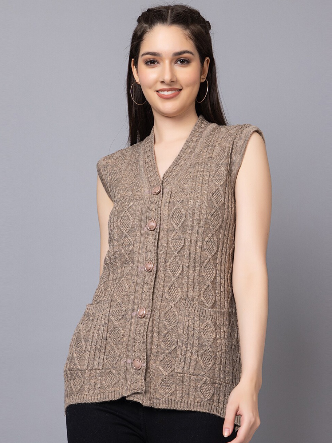 

TYSORT Self design Sleeveless Cable Knit Woolen Cardigan, Brown