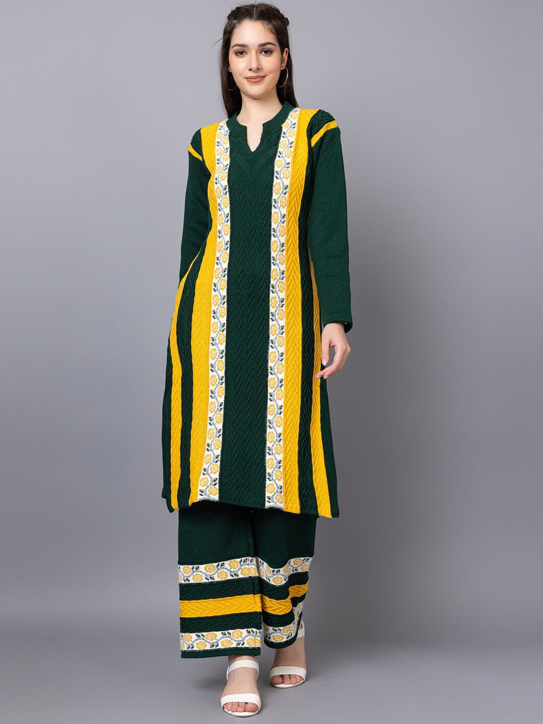 

TYSORT Striped Round Neck Woolen Kurta with Palazzos, Green