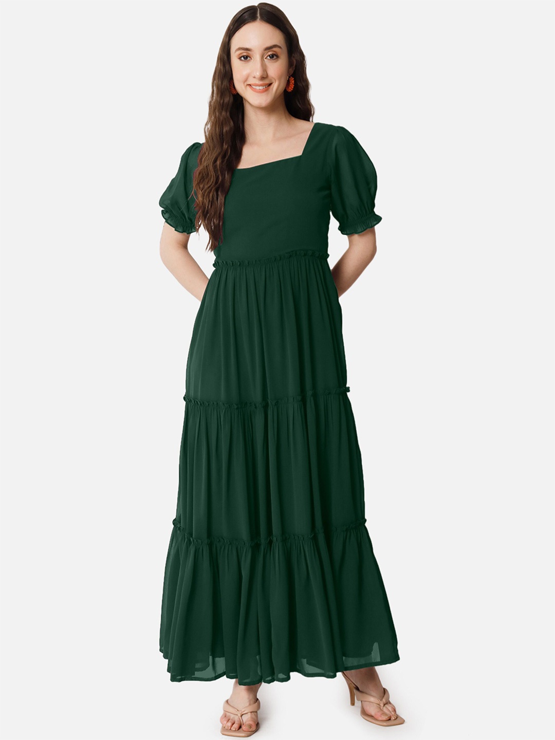 

Femvy Tiered Detailed Square Neck Puff Sleeves Gown Dress, Green