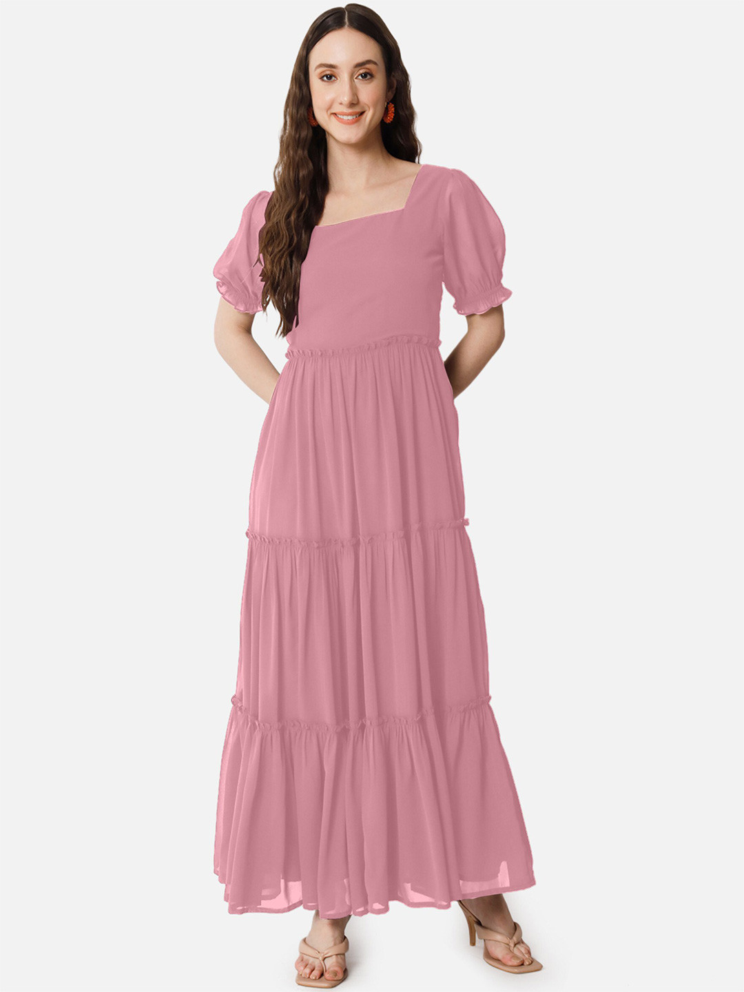

Femvy Puff Sleeves Tiered Georgette Fit & Flare Dress, Peach