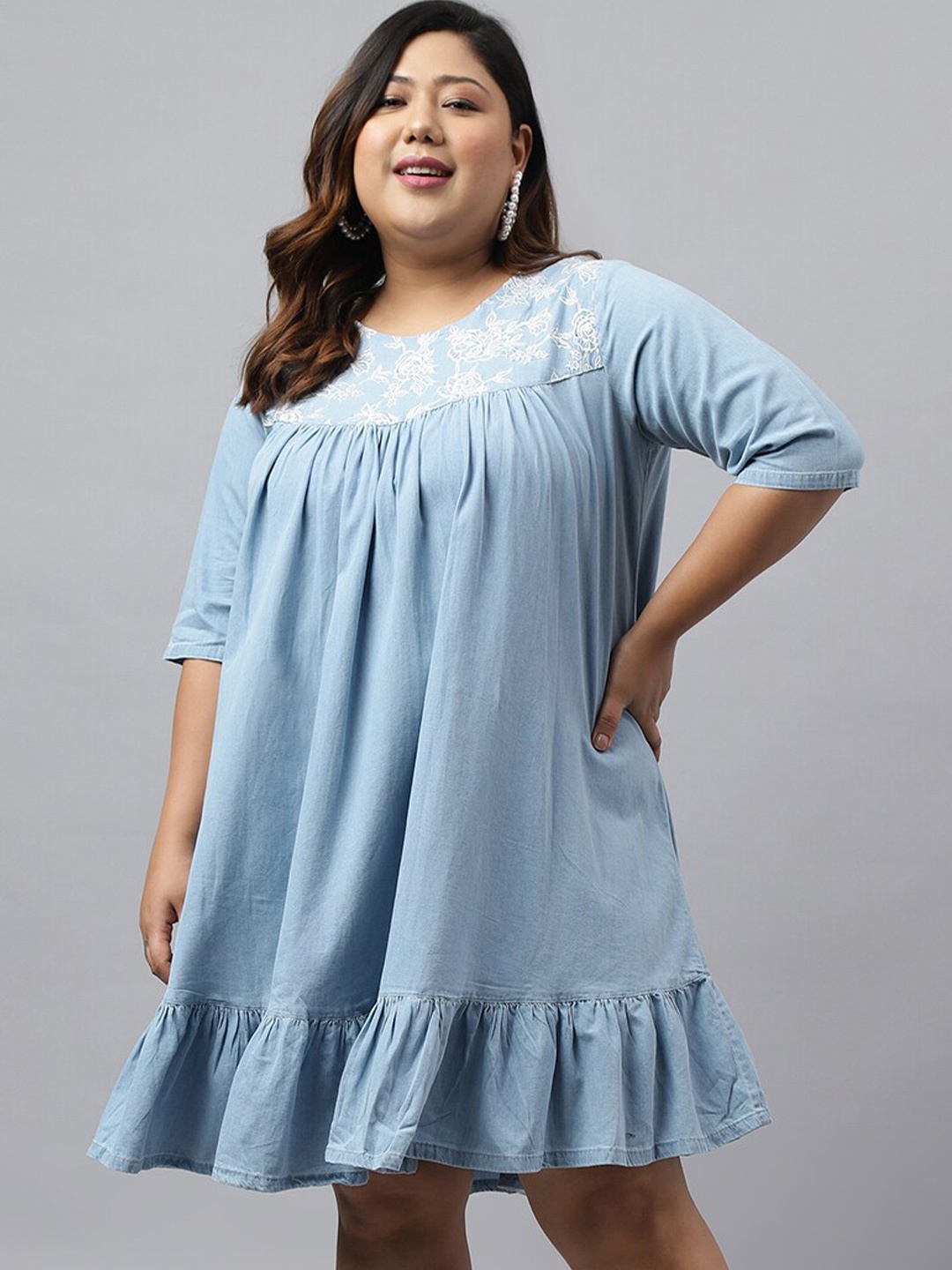 

XL LOVE by Janasya Plus Size Yoke Floral Embroidered Cotton A-Line Dress, Blue