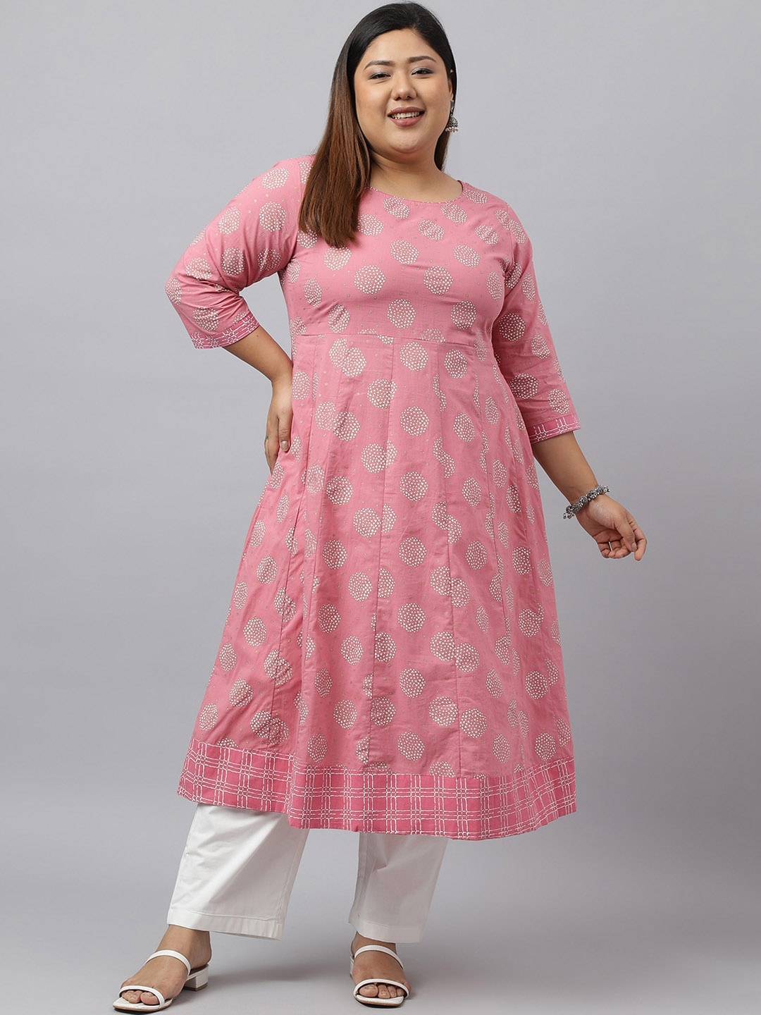

XL LOVE by Janasya Plus Size Floral Printed Anarkali Kurta, Pink