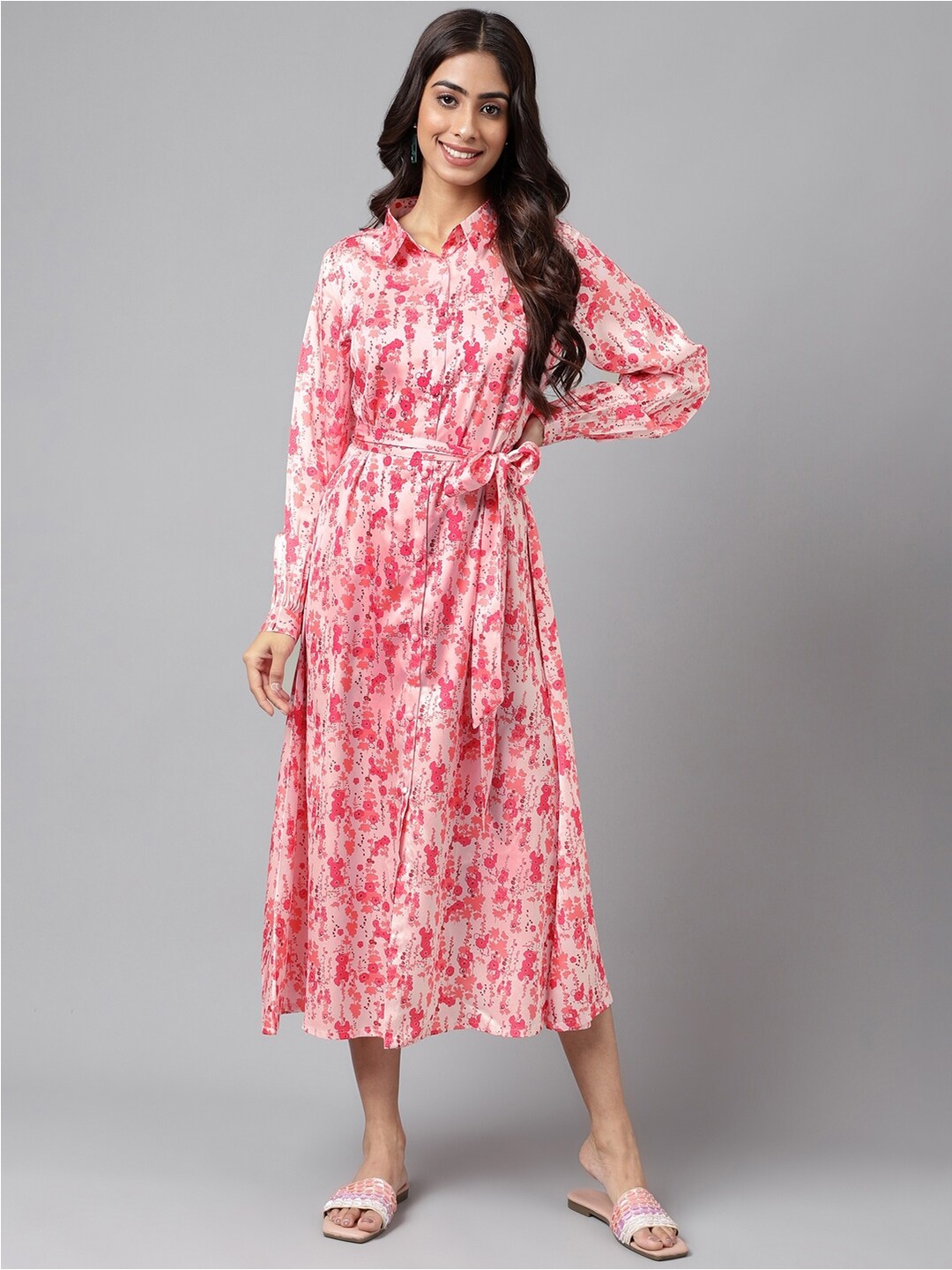 

Janasya Floral Printed Shirt Collar Tie-Up A-line Dress, Peach