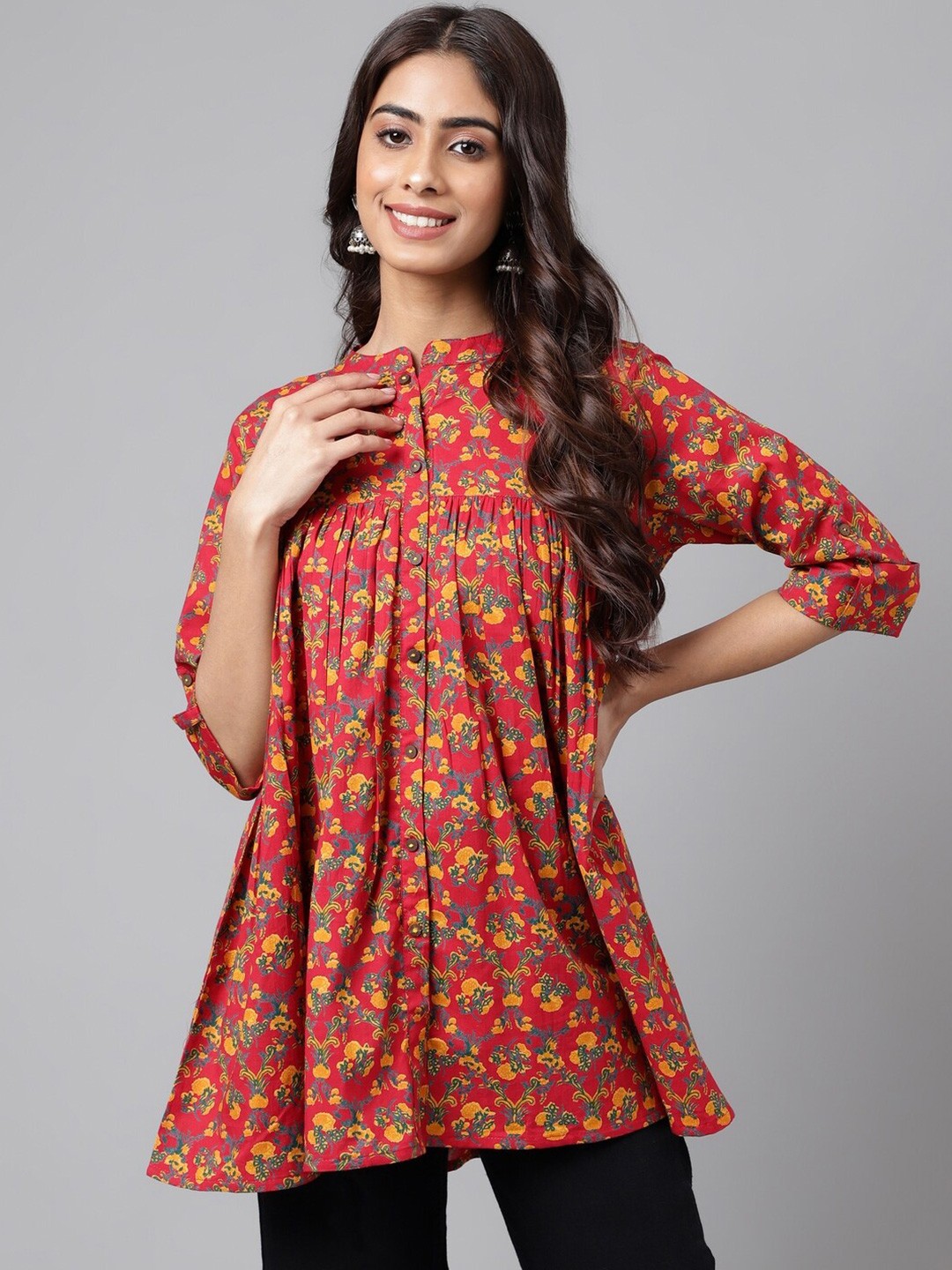 

Janasya Floral Print Mandarin Collar Cotton Longline Empire Top, Red