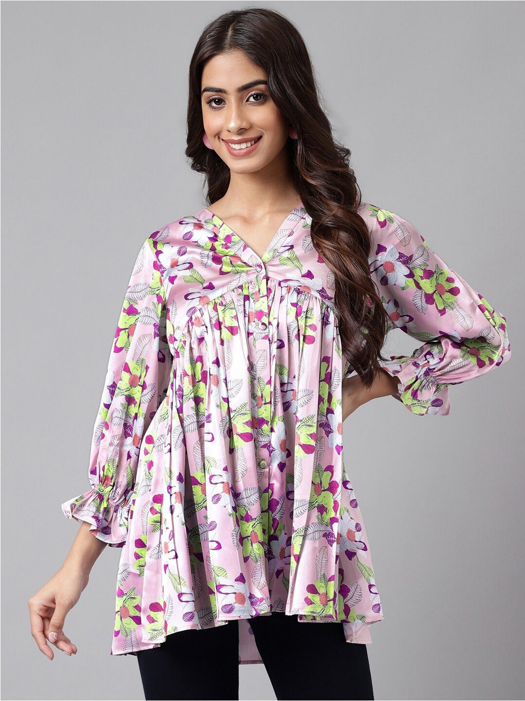 

Janasya Floral Printed Pleated V-Neck Puff Sleeves Satin A-Line Top, Lavender