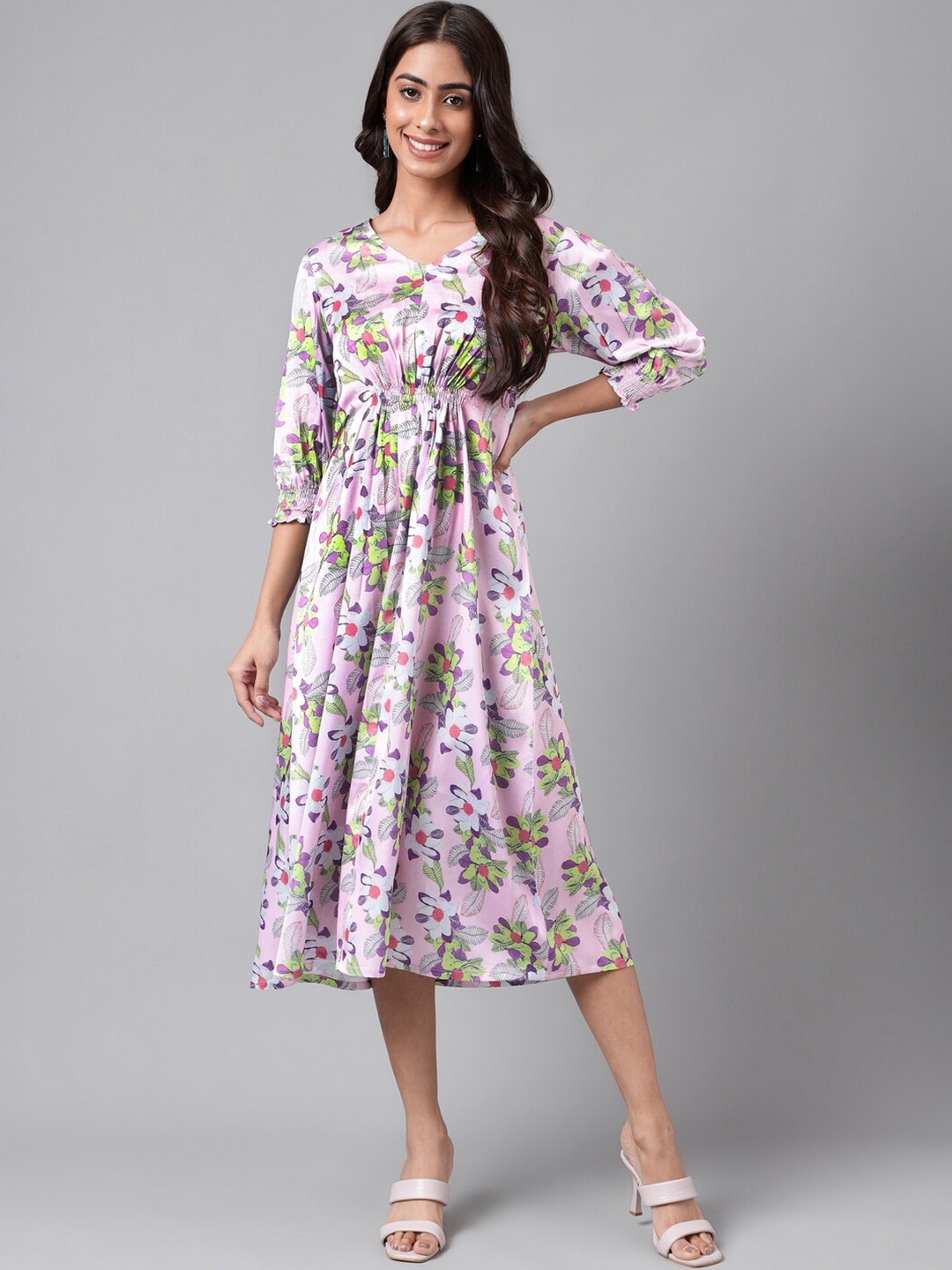 

Janasya Floral Printed Puff Sleeves Gathered Detailed Empire Midi Dress, Lavender