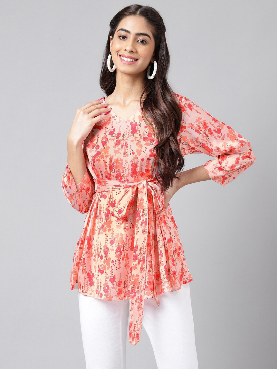 

Janasya Floral Printed Satin A-Line Longline Top, Peach