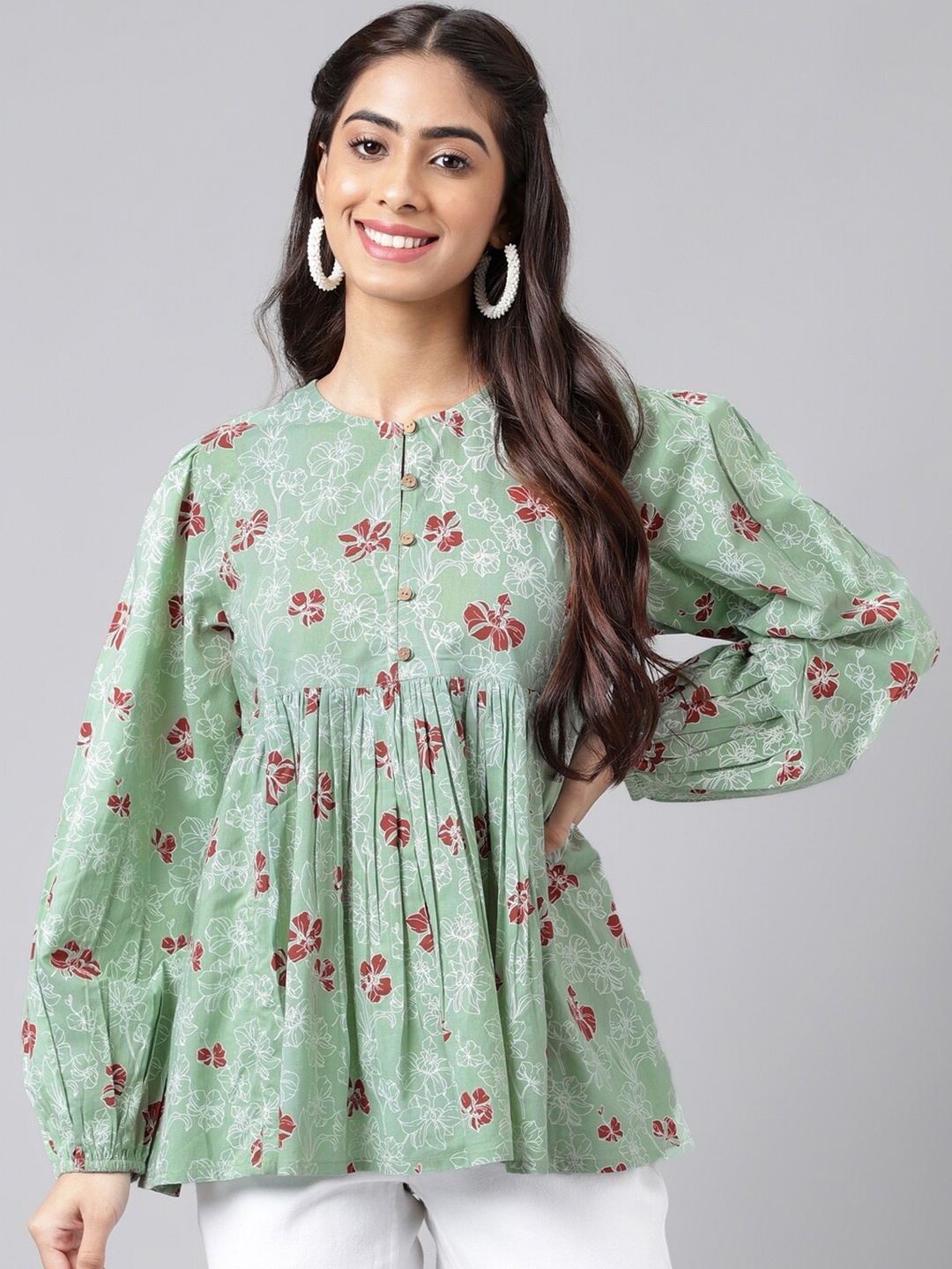 

Janasya Floral Printed Pleated V-Neck Puff Sleeves Cotton A-Line Top, Green